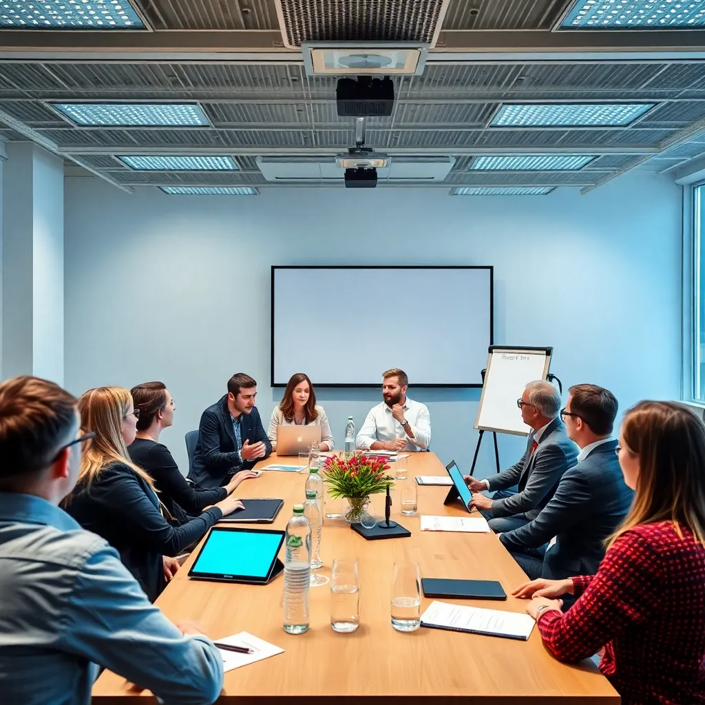 Trainer geeft bedrijfstraining over positief denken aan team