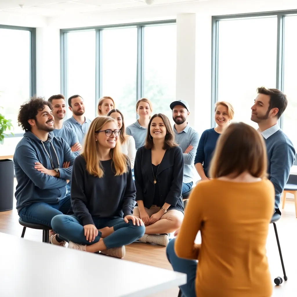 Diverse professionals tijdens een positieve psychologie workshop in een lichte vergaderruimte