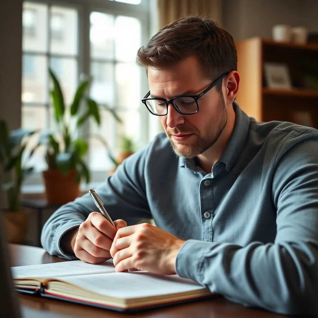 Man schrijft in journal tijdens optimisme training