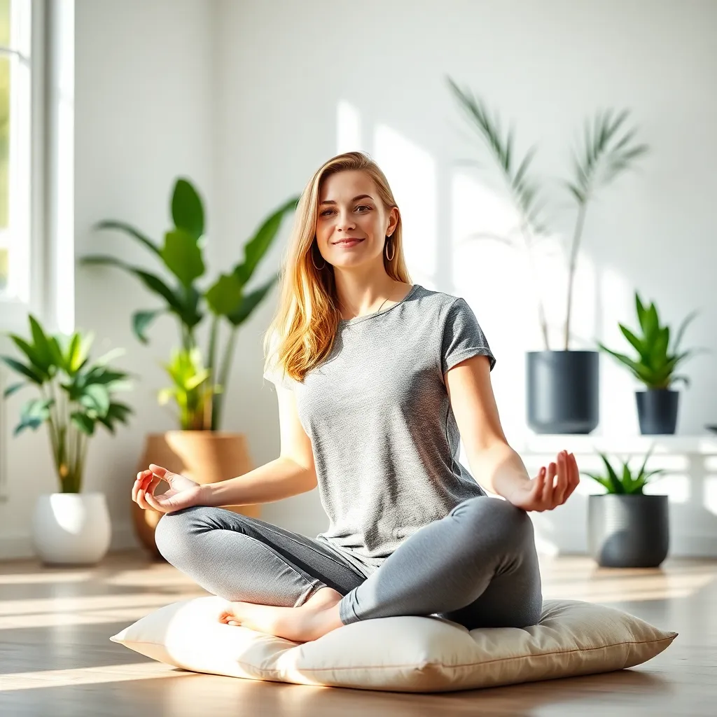 Vrouw die rustig mediteert in een lichte kamer met natuurlijk licht